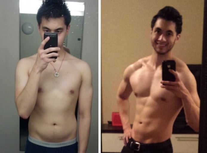 A before and after photo of a 5'7" male showing a weight bulk from 140 pounds to 145 pounds. A total gain of 5 pounds.