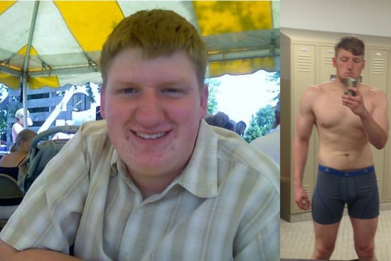 A photo of a 5'11" man showing a weight cut from 240 pounds to 140 pounds. A total loss of 100 pounds.