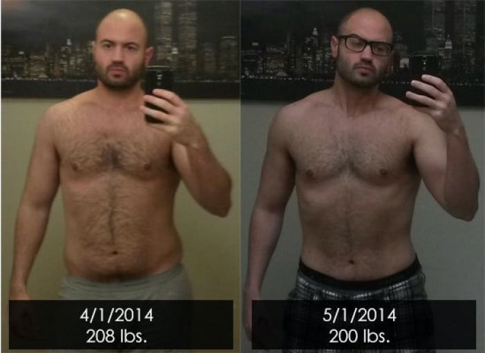 A photo of a 5'11" man showing a weight loss from 208 pounds to 200 pounds. A net loss of 8 pounds.