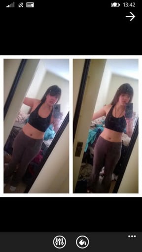 A photo of a 5'4" woman showing a fat loss from 160 pounds to 120 pounds. A total loss of 40 pounds.