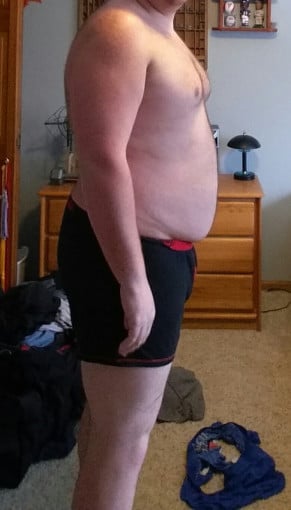A before and after photo of a 6'3" male showing a snapshot of 350 pounds at a height of 6'3