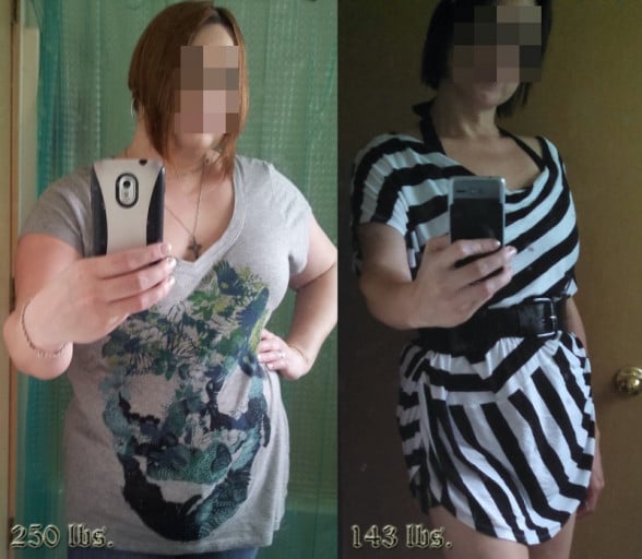 A progress pic of a 5'7" woman showing a fat loss from 250 pounds to 143 pounds. A net loss of 107 pounds.