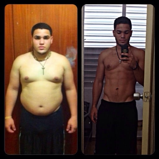A photo of a 5'8" man showing a weight cut from 240 pounds to 170 pounds. A total loss of 70 pounds.