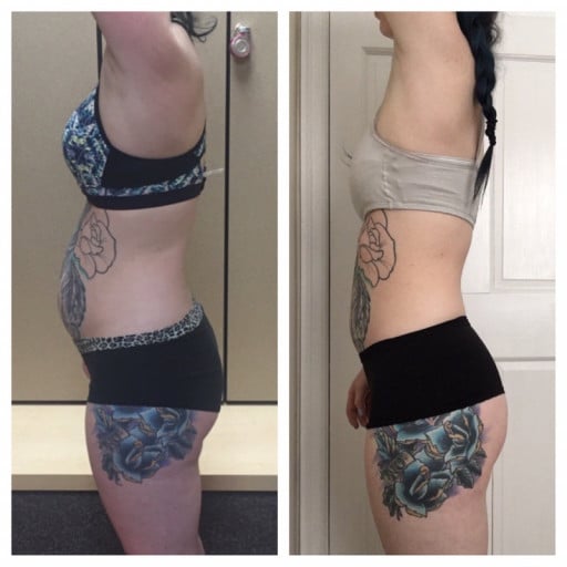 A progress pic of a 5'5" woman showing a weight bulk from 140 pounds to 143 pounds. A respectable gain of 3 pounds.