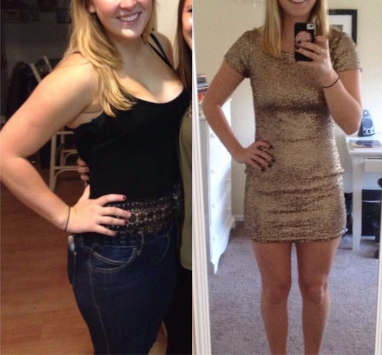 A progress pic of a 5'9" woman showing a fat loss from 155 pounds to 135 pounds. A total loss of 20 pounds.
