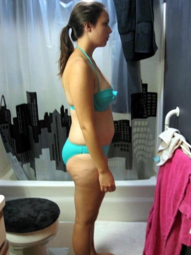 A before and after photo of a 5'8" female showing a snapshot of 157 pounds at a height of 5'8