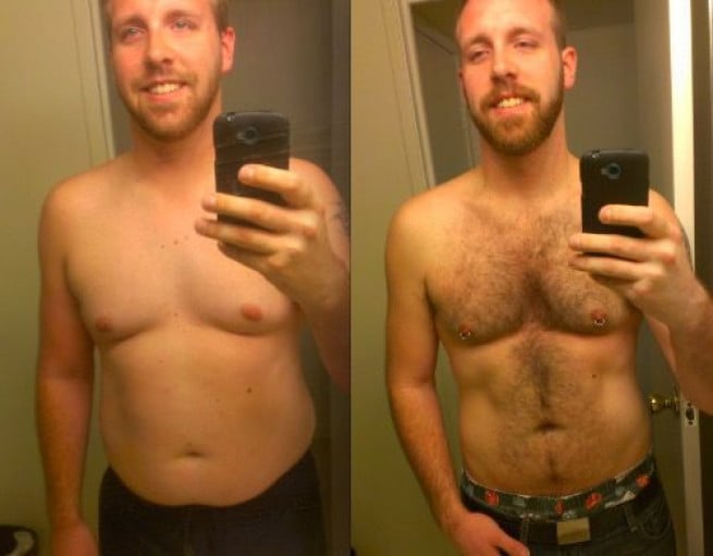 A photo of a 6'0" man showing a weight cut from 270 pounds to 190 pounds. A net loss of 80 pounds.