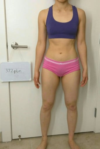 A before and after photo of a 5'3" female showing a snapshot of 120 pounds at a height of 5'3