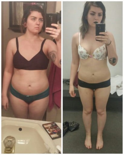 A photo of a 5'5" woman showing a weight cut from 163 pounds to 150 pounds. A respectable loss of 13 pounds.