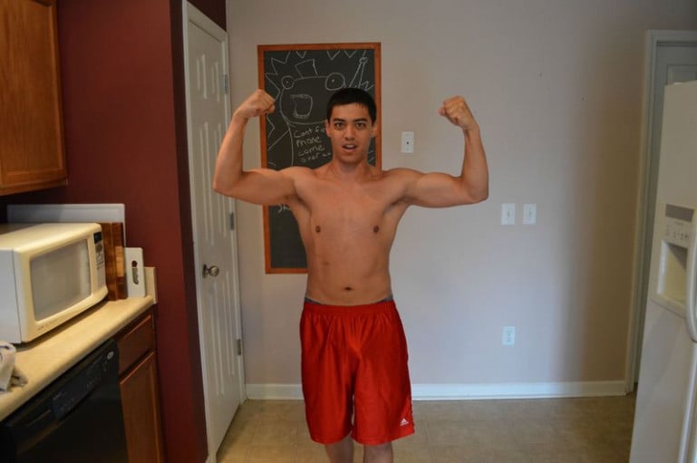 A progress pic of a 5'8" man showing a weight bulk from 145 pounds to 160 pounds. A respectable gain of 15 pounds.