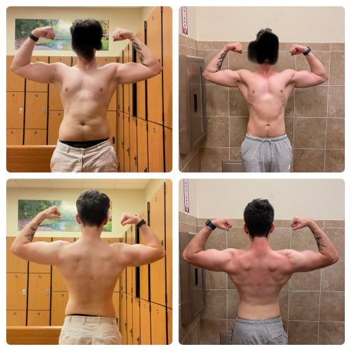 A progress pic of a 5'10" man showing a fat loss from 168 pounds to 162 pounds. A total loss of 6 pounds.