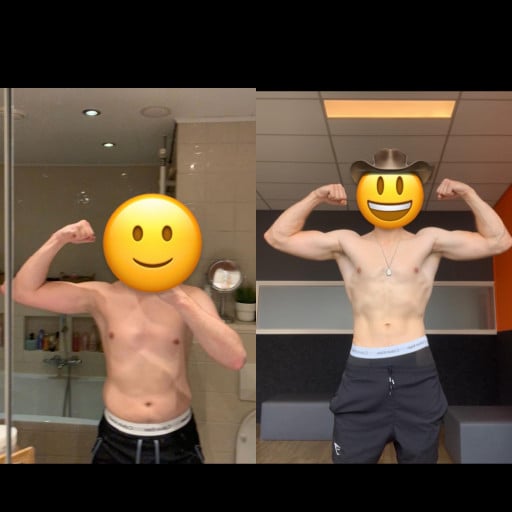A before and after photo of a 6'1" male showing a weight reduction from 180 pounds to 155 pounds. A respectable loss of 25 pounds.