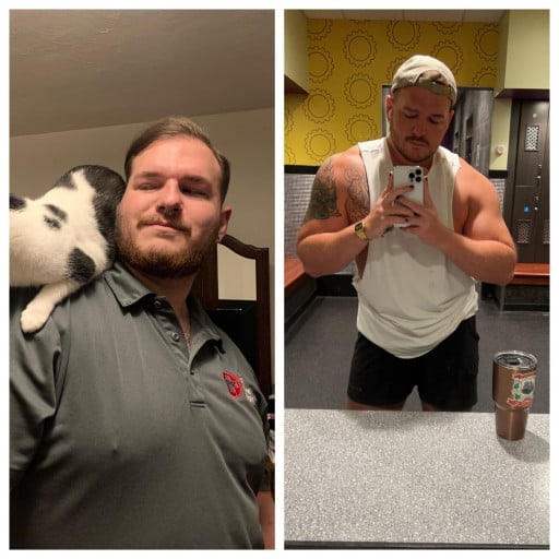 A before and after photo of a 6'1" male showing a weight reduction from 290 pounds to 250 pounds. A respectable loss of 40 pounds.