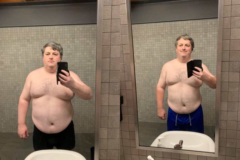 A progress pic of a 6'0" man showing a fat loss from 321 pounds to 278 pounds. A net loss of 43 pounds.