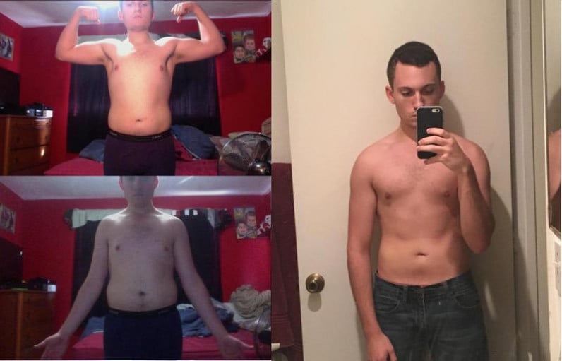 A before and after photo of a 5'9" male showing a weight reduction from 165 pounds to 140 pounds. A respectable loss of 25 pounds.
