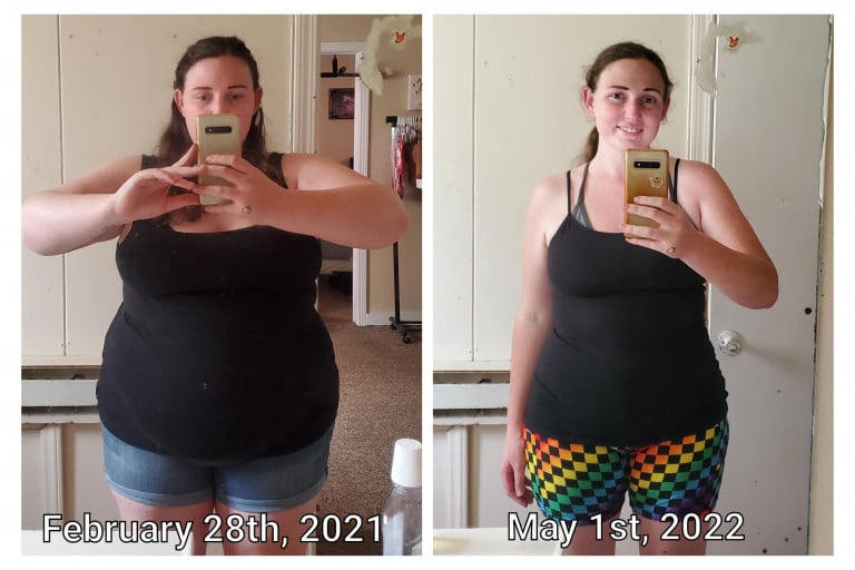 A picture of a 5'4" female showing a weight loss from 265 pounds to 172 pounds. A respectable loss of 93 pounds.