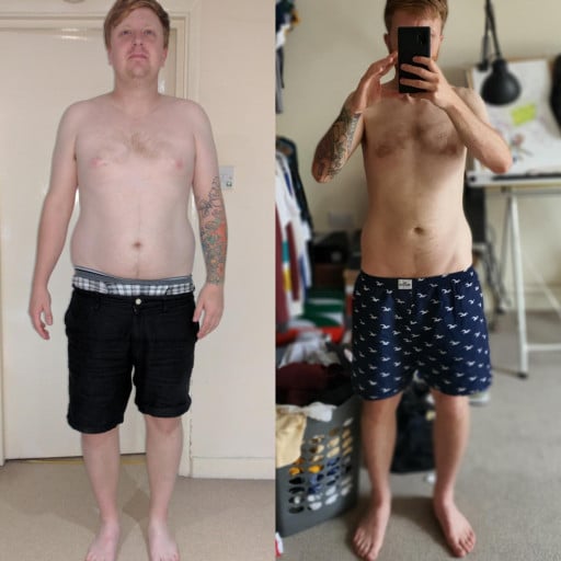A progress pic of a 5'7" man showing a fat loss from 205 pounds to 143 pounds. A total loss of 62 pounds.