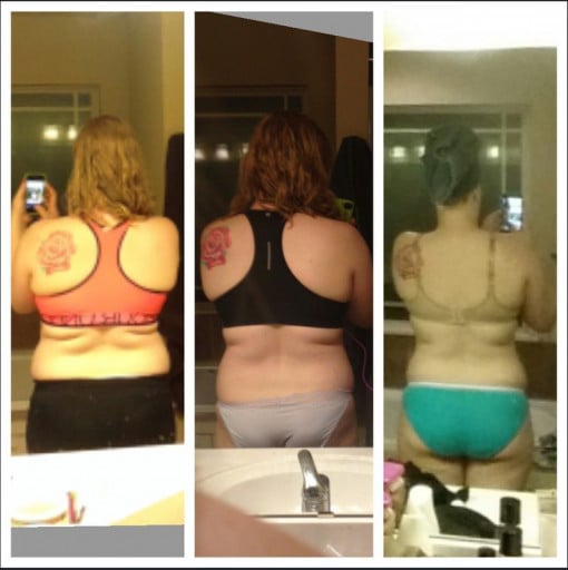 A photo of a 5'9" woman showing a fat loss from 225 pounds to 212 pounds. A respectable loss of 13 pounds.