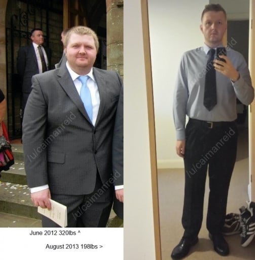 A progress pic of a 6'1" man showing a fat loss from 320 pounds to 198 pounds. A respectable loss of 122 pounds.