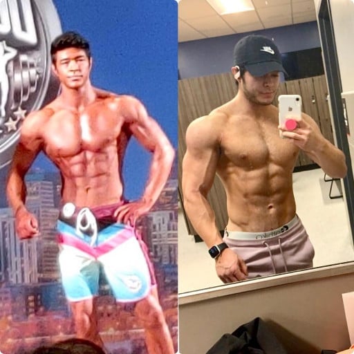 A before and after photo of a 5'10" male showing a weight gain from 163 pounds to 185 pounds. A respectable gain of 22 pounds.