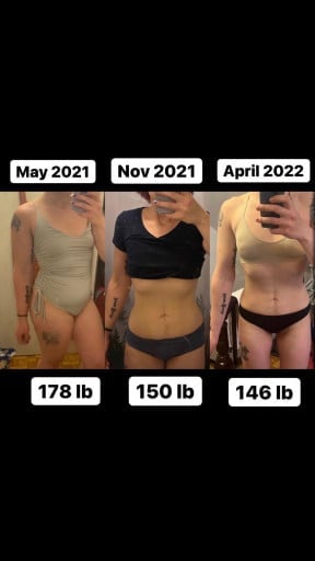 A progress pic of a 5'7" woman showing a fat loss from 178 pounds to 146 pounds. A net loss of 32 pounds.