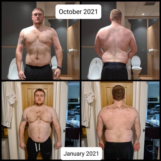 A progress pic of a 5'10" man showing a fat loss from 269 pounds to 211 pounds. A total loss of 58 pounds.