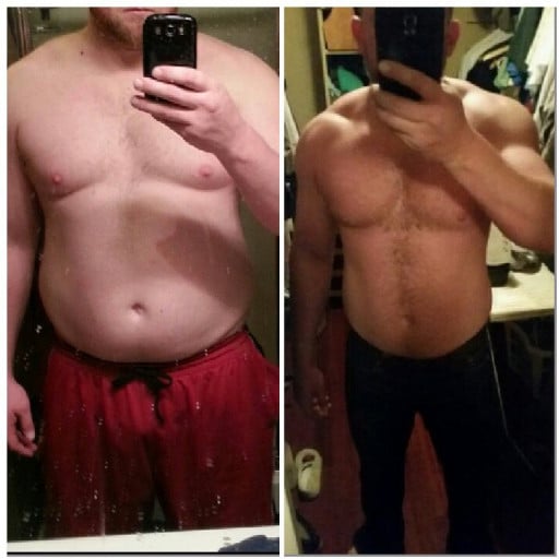A photo of a 6'0" man showing a weight cut from 255 pounds to 235 pounds. A net loss of 20 pounds.