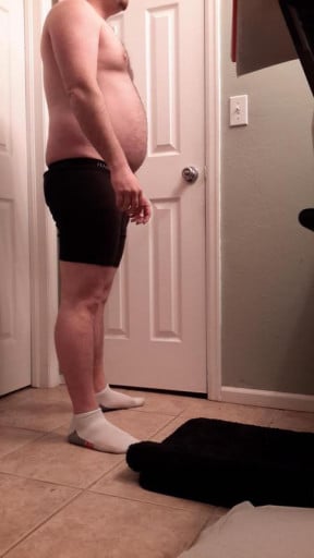 A before and after photo of a 5'6" male showing a snapshot of 206 pounds at a height of 5'6