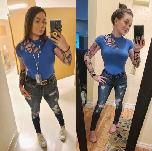 A photo of a 5'5" woman showing a weight cut from 165 pounds to 145 pounds. A respectable loss of 20 pounds.