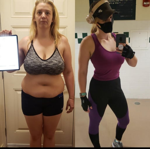 A photo of a 5'7" woman showing a weight cut from 214 pounds to 141 pounds. A net loss of 73 pounds.
