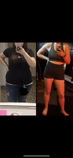 A picture of a 5'6" female showing a weight loss from 217 pounds to 156 pounds. A respectable loss of 61 pounds.