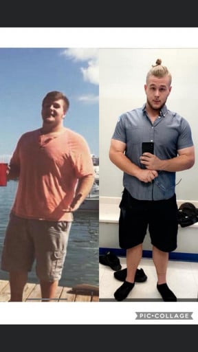A progress pic of a 6'3" man showing a fat loss from 338 pounds to 238 pounds. A respectable loss of 100 pounds.