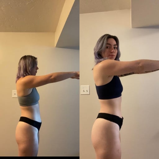 A photo of a 5'6" woman showing a weight cut from 155 pounds to 150 pounds. A total loss of 5 pounds.