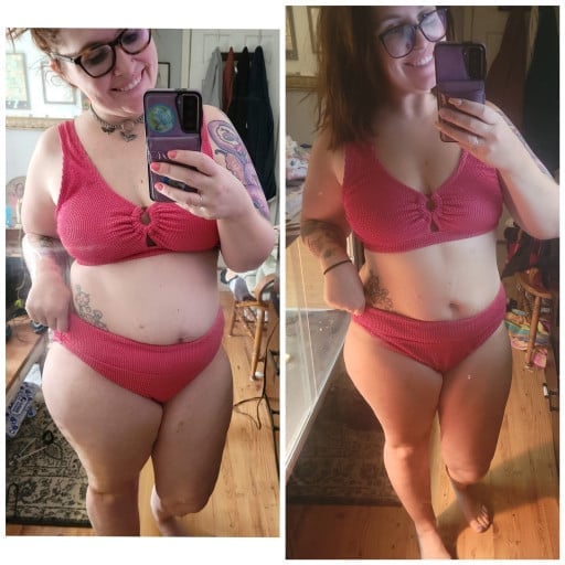 A before and after photo of a 5'3" female showing a weight reduction from 189 pounds to 159 pounds. A net loss of 30 pounds.