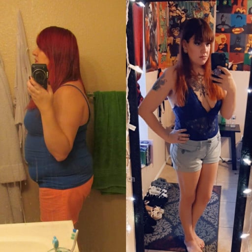 A progress pic of a 5'3" woman showing a fat loss from 243 pounds to 134 pounds. A net loss of 109 pounds.