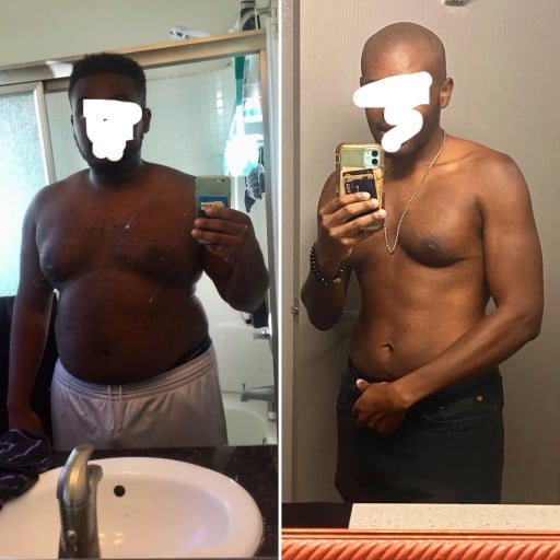 A before and after photo of a 5'7" male showing a weight reduction from 265 pounds to 168 pounds. A total loss of 97 pounds.