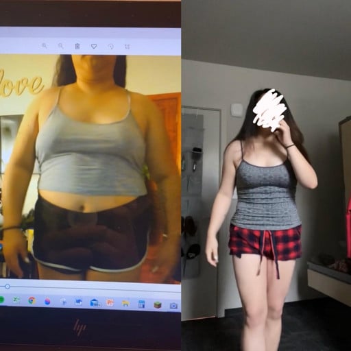 A before and after photo of a 5'3" female showing a weight reduction from 197 pounds to 153 pounds. A total loss of 44 pounds.