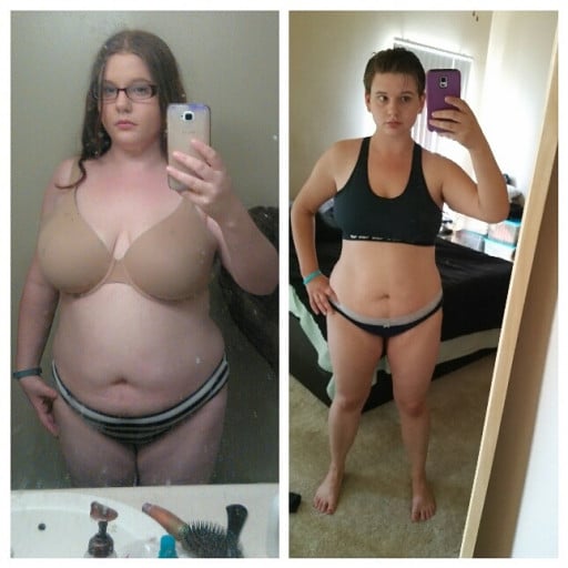 A before and after photo of a 5'3" female showing a weight loss from 220 pounds to 160 pounds. A net loss of 60 pounds.