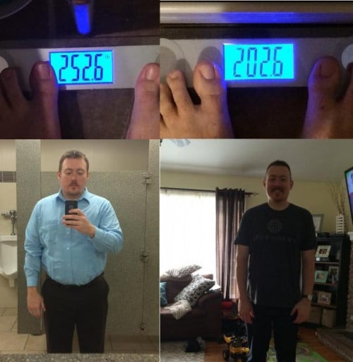 A picture of a 6'0" male showing a weight loss from 252 pounds to 202 pounds. A respectable loss of 50 pounds.