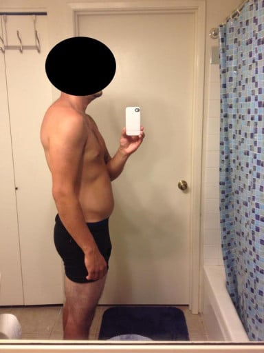 A before and after photo of a 5'9" male showing a snapshot of 165 pounds at a height of 5'9