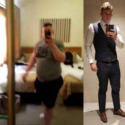 A before and after photo of a 6'2" male showing a weight reduction from 376 pounds to 205 pounds. A net loss of 171 pounds.