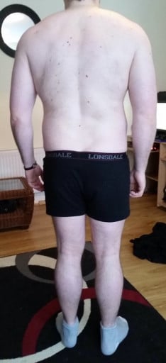 A before and after photo of a 6'0" male showing a snapshot of 230 pounds at a height of 6'0