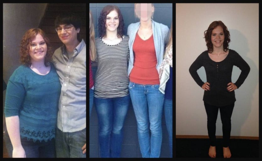 A picture of a 5'5" female showing a weight cut from 221 pounds to 130 pounds. A net loss of 91 pounds.
