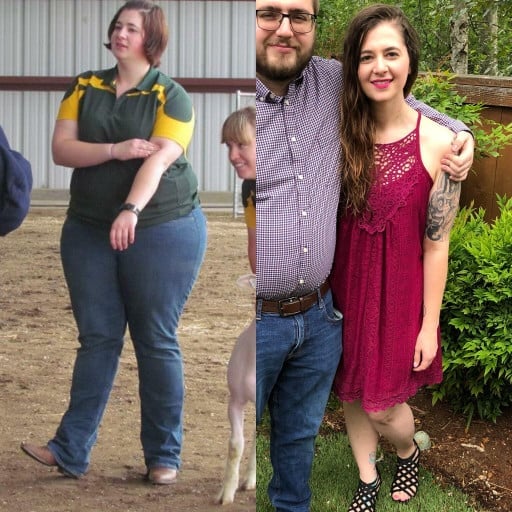 A photo of a 5'8" woman showing a weight cut from 330 pounds to 189 pounds. A respectable loss of 141 pounds.