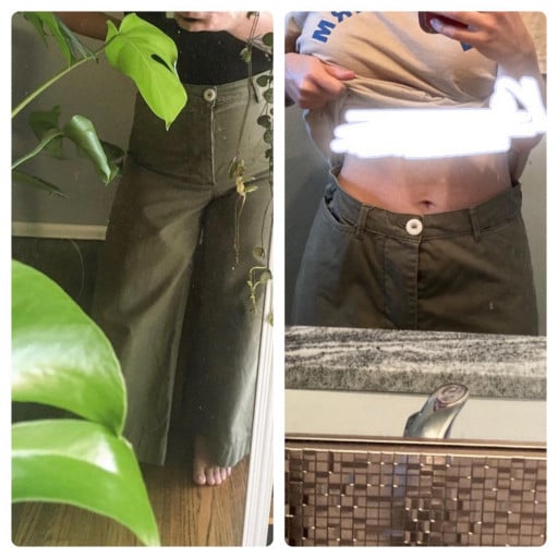 F/26/5’2” [150 lbs > 125 lbs = 25 lbs] (2 years) In the picture on the left, I was excited because I’d lost enough weight for the pants to “fit” again but I could barely sit in them. Now, they fall down!