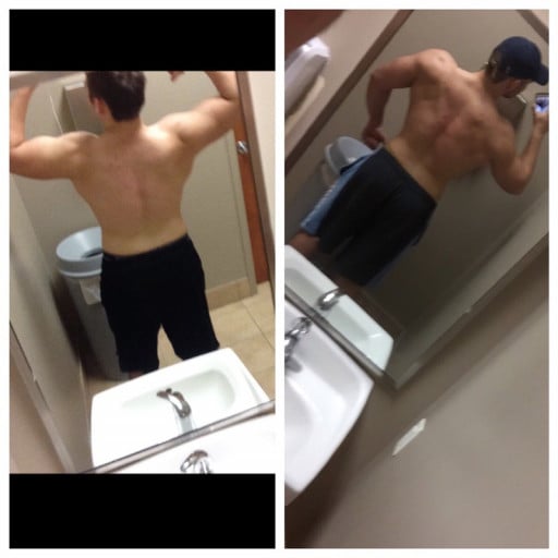 A progress pic of a 5'11" man showing a fat loss from 210 pounds to 205 pounds. A total loss of 5 pounds.