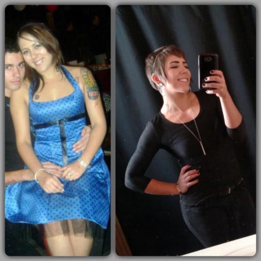 A progress pic of a 5'3" woman showing a weight bulk from 130 pounds to 138 pounds. A respectable gain of 8 pounds.