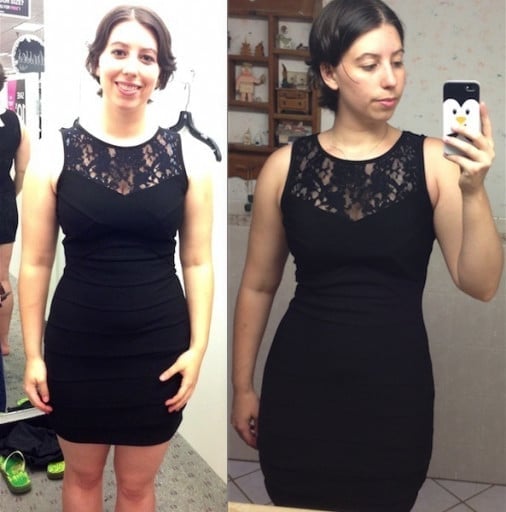 A progress pic of a 5'8" woman showing a fat loss from 160 pounds to 155 pounds. A total loss of 5 pounds.