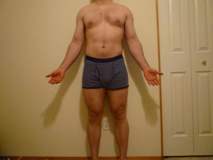A before and after photo of a 5'8" male showing a snapshot of 185 pounds at a height of 5'8