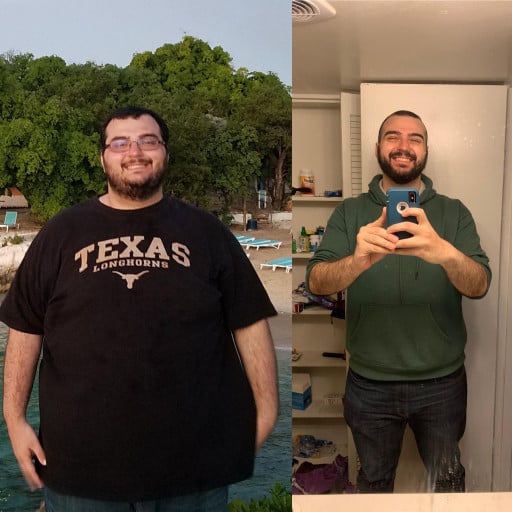 A progress pic of a 6'4" man showing a fat loss from 470 pounds to 270 pounds. A respectable loss of 200 pounds.